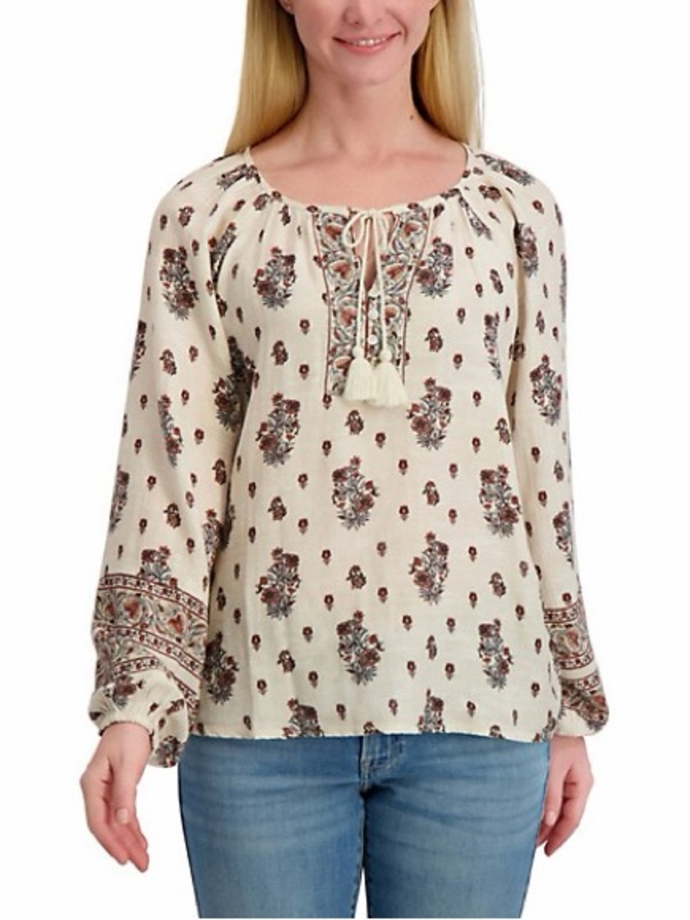 Lucky Brand Cotton Modal Popover Tassel Boho Long Sleeve Blouse - Size L